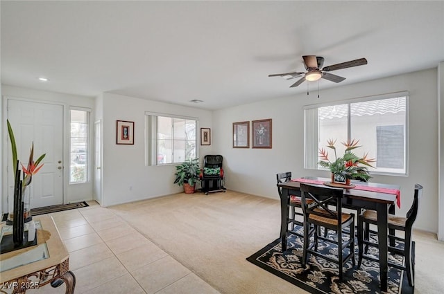 775 Wigan Pier Dr, Henderson, NV 89002 - dining space featuring light colored carpet, ceiling fan, recessed lighting, and light tile patterned floors