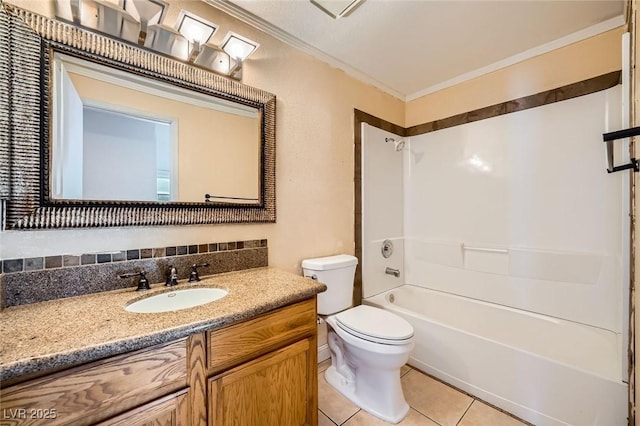 bathroom with crown molding, tile patterned flooring, vanity, toilet, and  shower combination