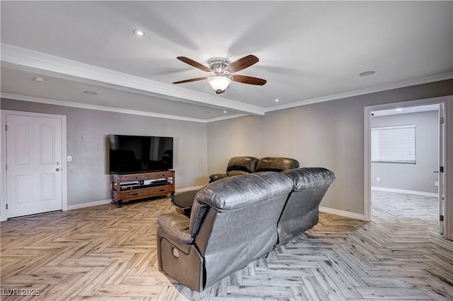 living area featuring a ceiling fan, baseboards, recessed lighting, and ornamental molding
