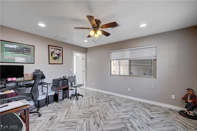 office featuring baseboards, a ceiling fan, recessed lighting, and visible vents