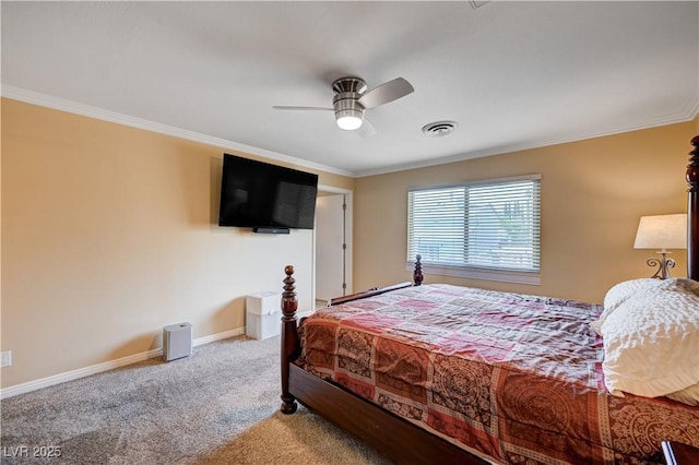 bedroom featuring carpet flooring, baseboards, visible vents, and ornamental molding