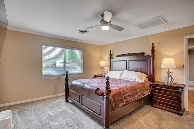 bedroom with visible vents, carpet, crown molding, and baseboards
