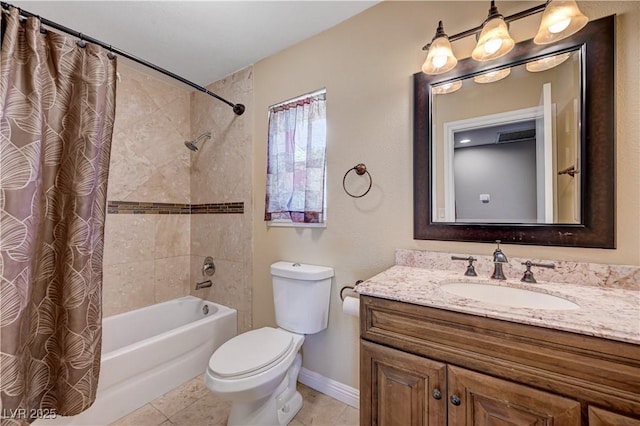 bathroom with shower / bath combo with shower curtain, tile patterned flooring, vanity, toilet, and baseboards