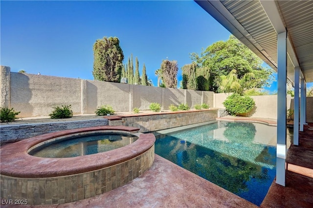 view of pool featuring an in ground hot tub, a fenced in pool, and a fenced backyard