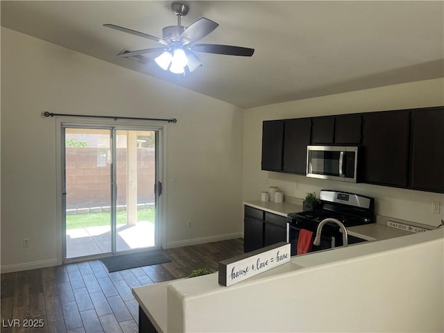 kitchen featuring dark cabinetry, stainless steel appliances, wood finished floors, and lofted ceiling