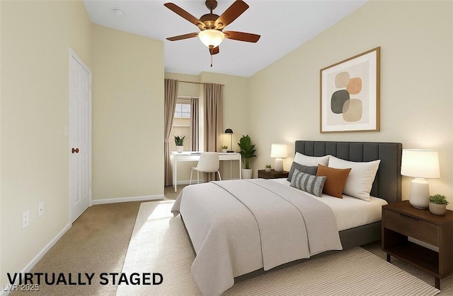 carpeted bedroom with baseboards and a ceiling fan