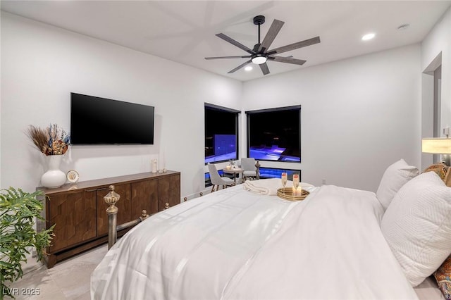 bedroom with ceiling fan and recessed lighting