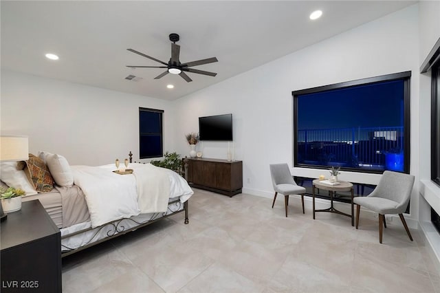 bedroom featuring baseboards, recessed lighting, ceiling fan, and visible vents