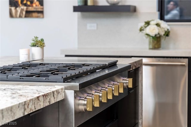 details with stove, light stone counters, and stainless steel dishwasher