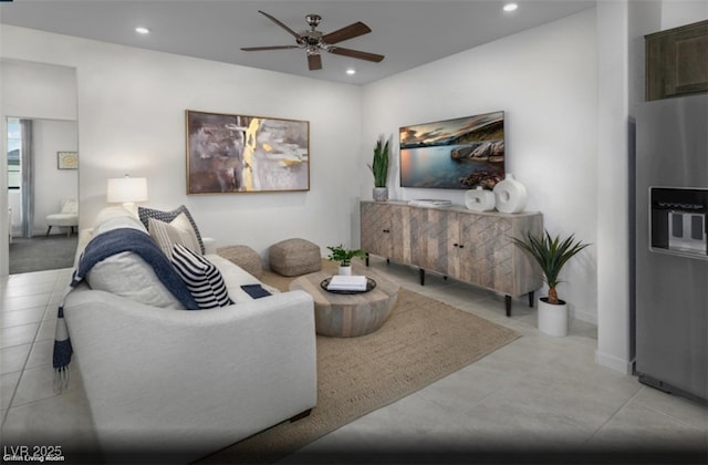 887 Apatite Pl Lot 58, Henderson, NV 89011 - living room featuring light tile patterned floors, recessed lighting, and a ceiling fan