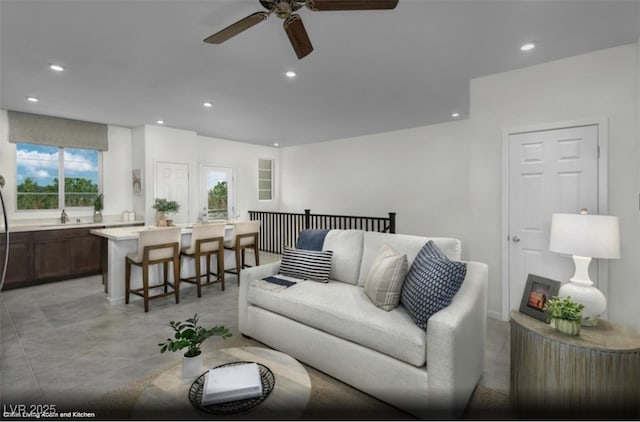 887 Apatite Pl Lot 58, Henderson, NV 89011 - living area featuring light tile patterned flooring, ceiling fan, and recessed lighting