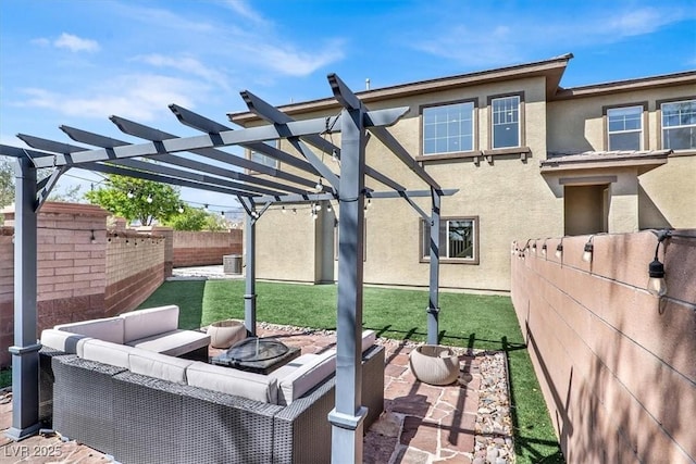 view of patio / terrace featuring a fenced backyard, a pergola, central AC, and an outdoor living space