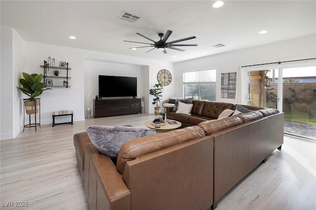 11913 Alava Ave, Las Vegas, NV 89138 - living room featuring light wood-style flooring, healthy amount of natural light, ceiling fan, and recessed lighting