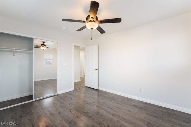 5940 Tamarack Lodge Ln, North Las Vegas, NV 89081 - unfurnished bedroom featuring baseboards, a closet, a ceiling fan, and dark wood-style floors