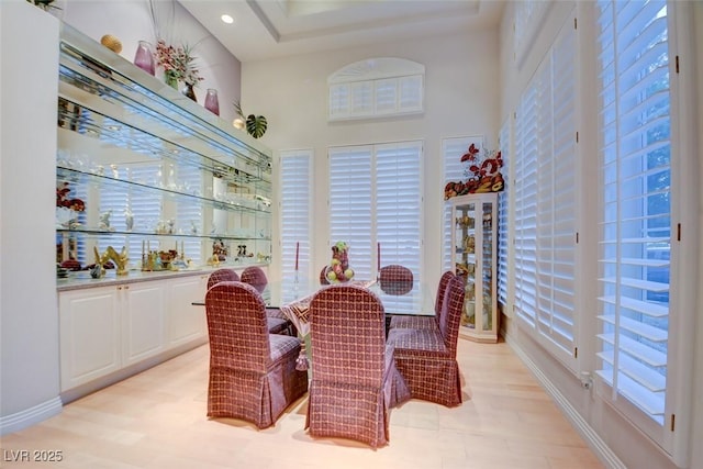 dining space featuring baseboards and a high ceiling