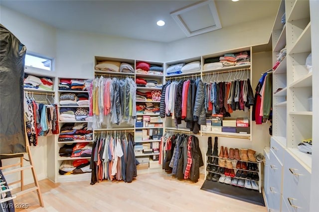 walk in closet with attic access and wood finished floors
