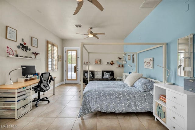 bedroom featuring visible vents, access to outside, light tile patterned flooring, and a ceiling fan