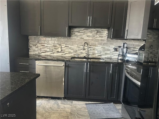 kitchen featuring decorative backsplash, dark stone counters, a sink, and appliances with stainless steel finishes