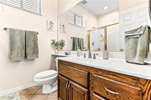 bathroom featuring a shower stall, tile patterned flooring, visible vents, toilet, and vanity