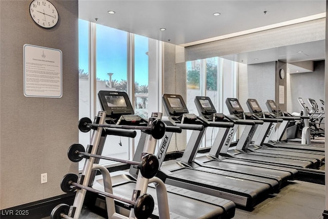 workout area with floor to ceiling windows