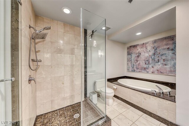 bathroom featuring a garden tub, toilet, recessed lighting, tile patterned floors, and a shower stall