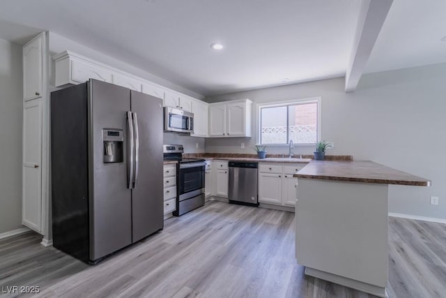 kitchen with light wood-style flooring, stainless steel appliances, a peninsula, and a sink