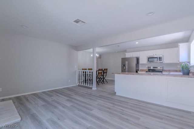 kitchen with light wood finished floors, visible vents, white cabinetry, a peninsula, and stainless steel appliances