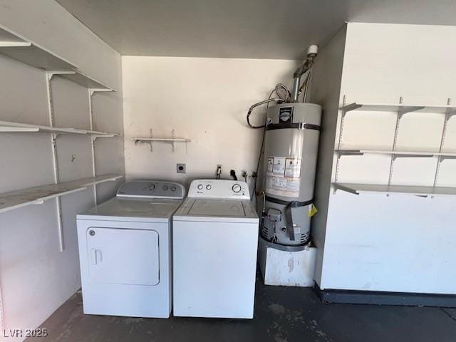 washroom featuring laundry area, independent washer and dryer, and strapped water heater
