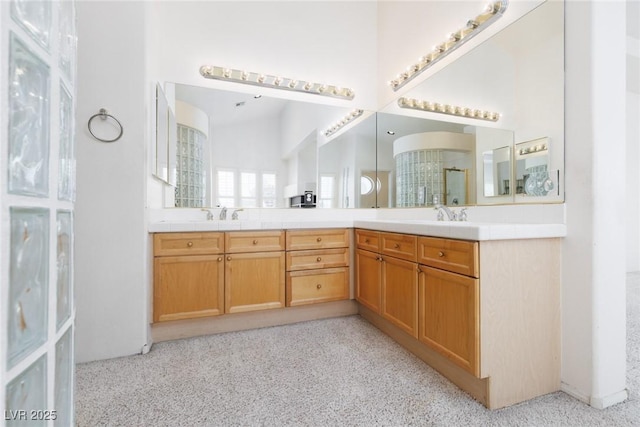 full bathroom featuring walk in shower, double vanity, and carpet floors