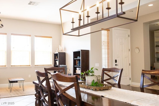 dining area with baseboards, visible vents, recessed lighting, and tile patterned floors
