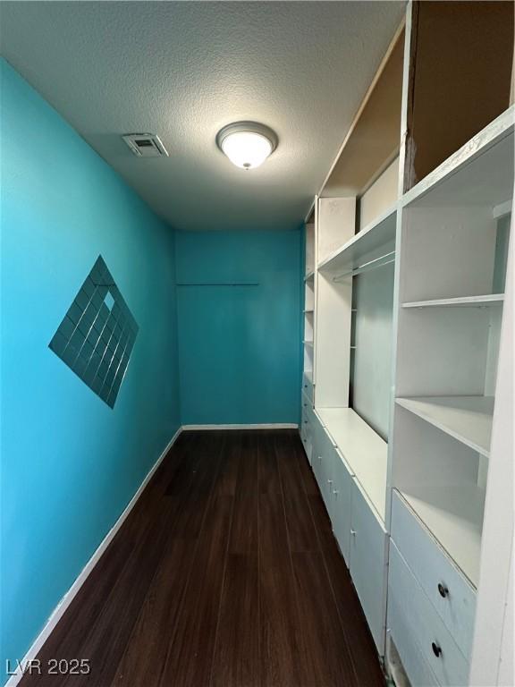 spacious closet with visible vents and dark wood finished floors