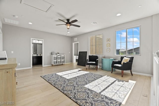 sitting room featuring wood finished floors, ceiling fan, recessed lighting, and baseboards