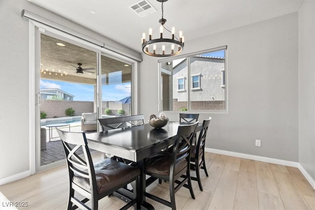 dining area featuring a chandelier, baseboards, light wood-type flooring, and recessed lighting