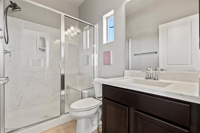 full bathroom with toilet, a stall shower, tile patterned floors, and vanity