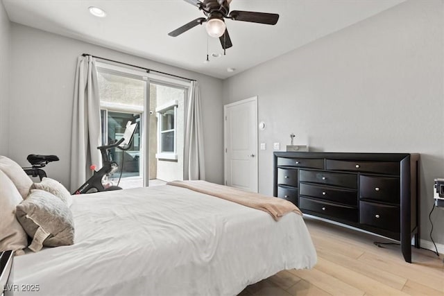 bedroom featuring access to exterior, light wood-type flooring, recessed lighting, a ceiling fan, and baseboards