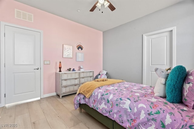 bedroom with light wood finished floors and a ceiling fan