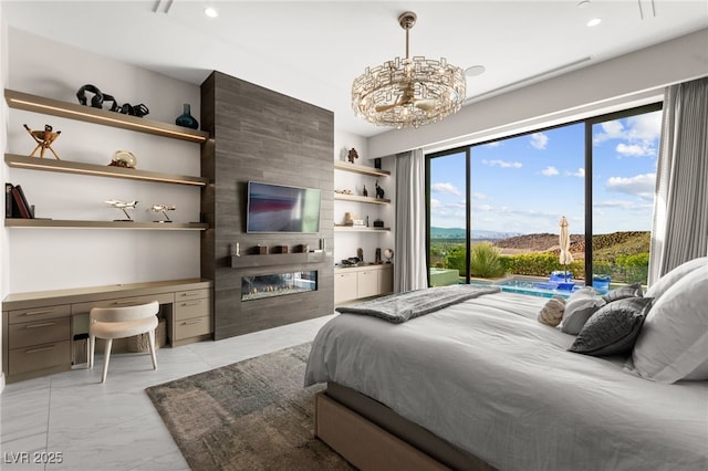 387 Solitude Peak Ln, Henderson, NV 89012 - bedroom with a tiled fireplace, a notable chandelier, recessed lighting, and marble finish floor