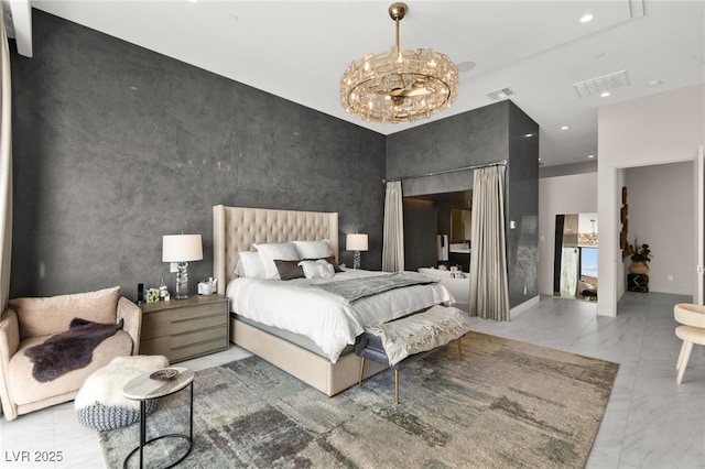 387 Solitude Peak Ln, Henderson, NV 89012 - bedroom featuring recessed lighting, a notable chandelier, marble finish floor, and visible vents