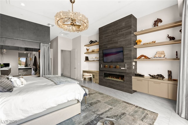 387 Solitude Peak Ln, Henderson, NV 89012 - bedroom featuring a notable chandelier, a tiled fireplace, marble finish floor, recessed lighting, and visible vents