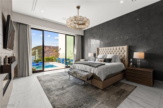387 Solitude Peak Ln, Henderson, NV 89012 - bedroom with recessed lighting, an inviting chandelier, access to exterior, and marble finish floor