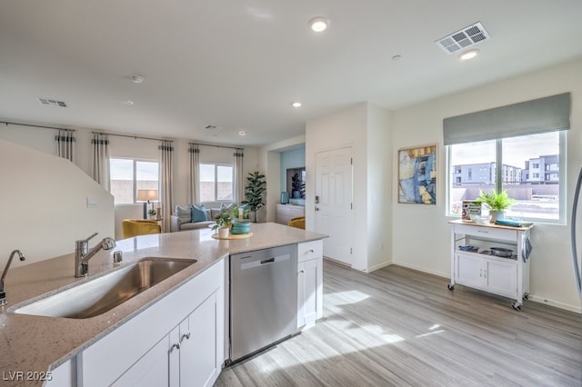 kitchen featuring white cabinets, dishwasher, visible vents, and a sink