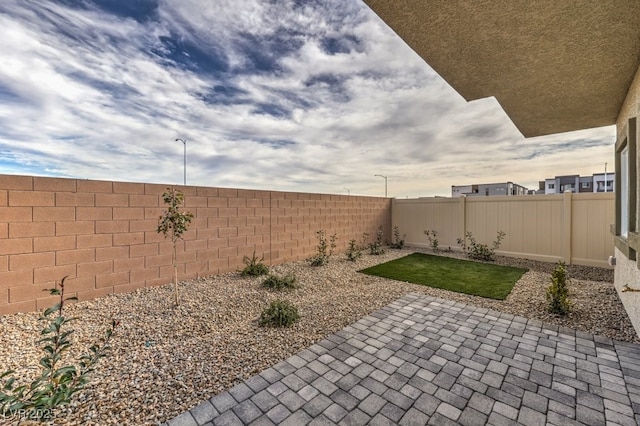 view of yard featuring a patio area and a fenced backyard