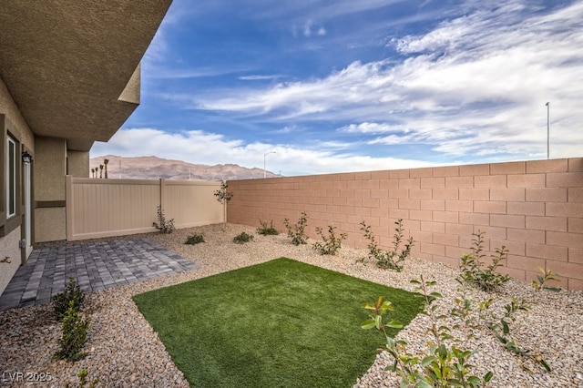 view of yard with a mountain view and a fenced backyard