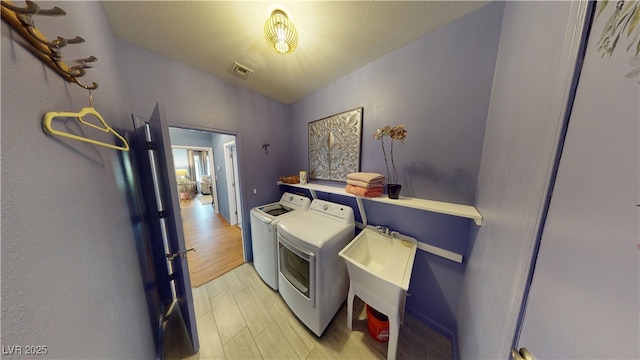 laundry room with visible vents, washer and dryer, and laundry area