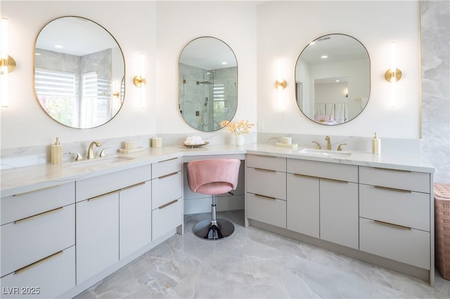 8000 Clock Tower Ct, Las Vegas, NV 89117 - full bathroom with marble tiled floors, vanity, and an enclosed shower