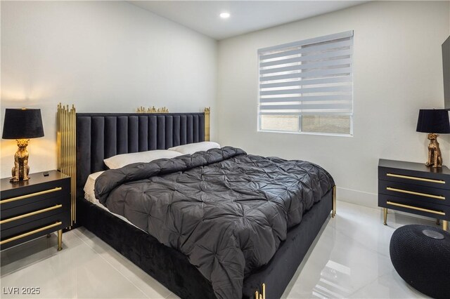 bedroom with recessed lighting and light tile patterned floors