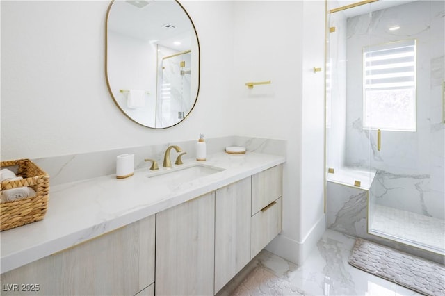 8000 Clock Tower Ct, Las Vegas, NV 89117 - bathroom featuring marble tiled flooring, a marble finish shower, and vanity