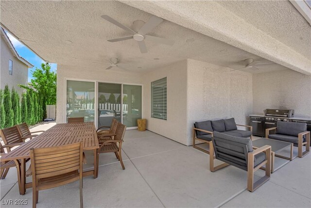 view of patio / terrace with a ceiling fan, outdoor dining area, outdoor lounge area, and a grill