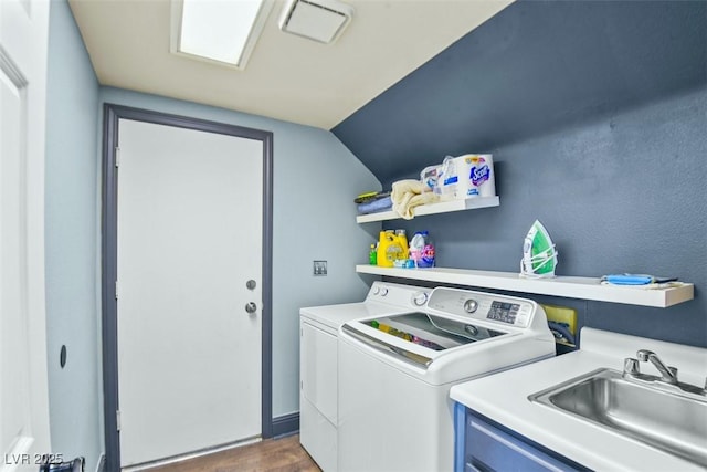 9709 Terrace Green Ave, Las Vegas, NV 89117 - laundry area featuring a sink, washer and dryer, laundry area, dark wood-style flooring, and visible vents