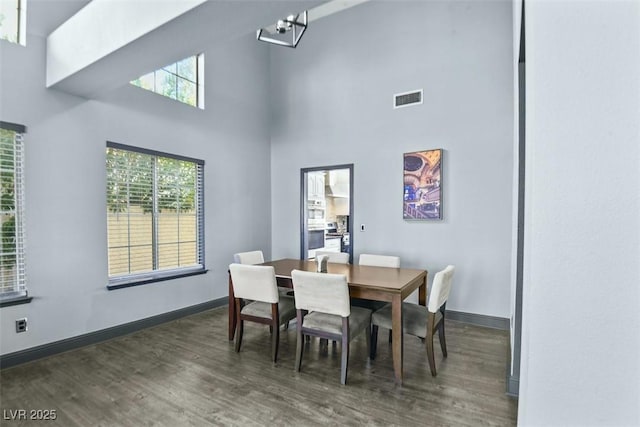 9709 Terrace Green Ave, Las Vegas, NV 89117 - dining space featuring wood finished floors, visible vents, baseboards, and a high ceiling